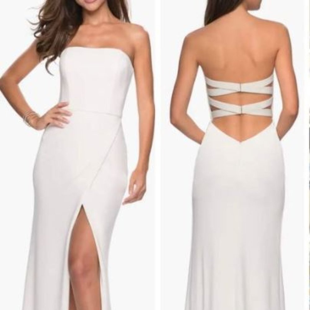 La femme strapless jersey evening gown